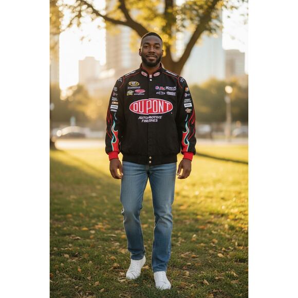 Chase Authentics Jeff Gordon DuPont NASCAR Racing Jacket XL Black Red Flames - Picture 1 of 5